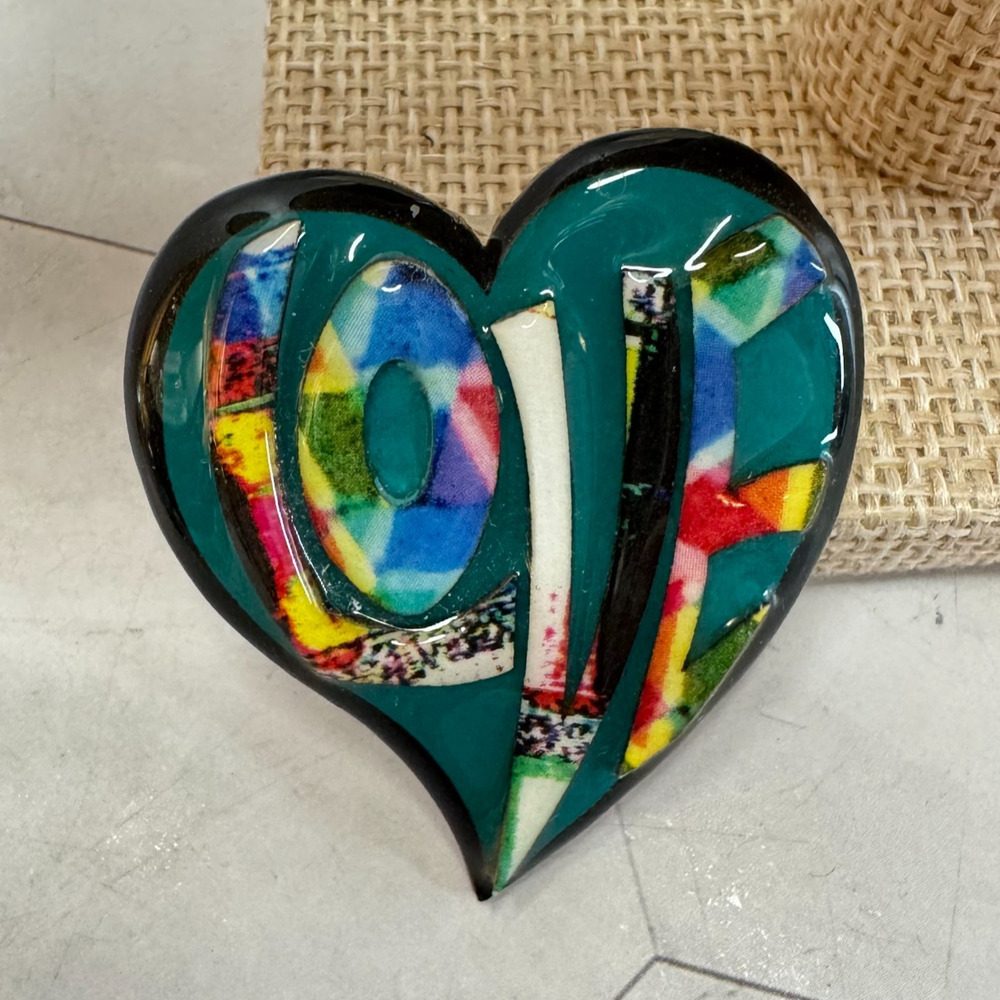 Vintage Lucinda Heart Brooch LOVE Colorful Artistan Resin Pin Rare Numbered
